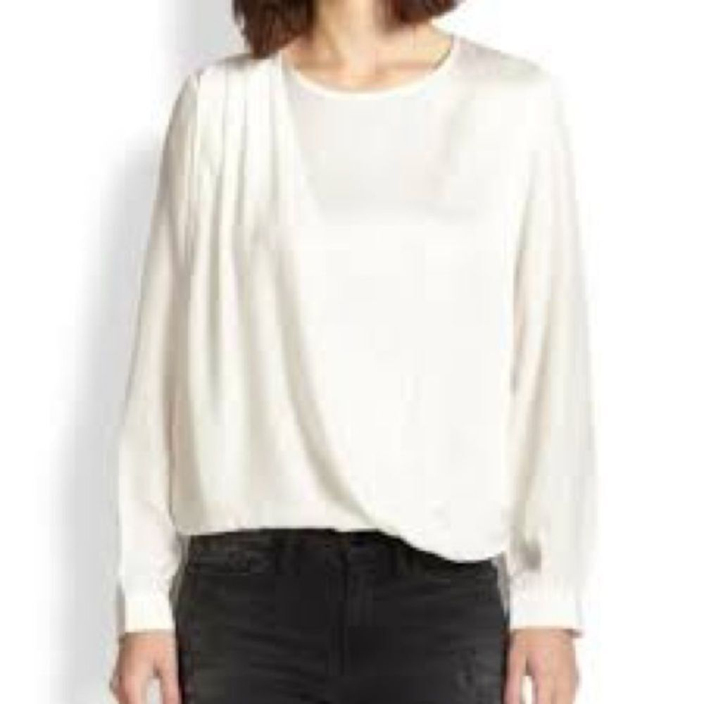 FRAME Drape Front Long Sleeve Silk Charmeuse Business Casual Blouse Ivory XS